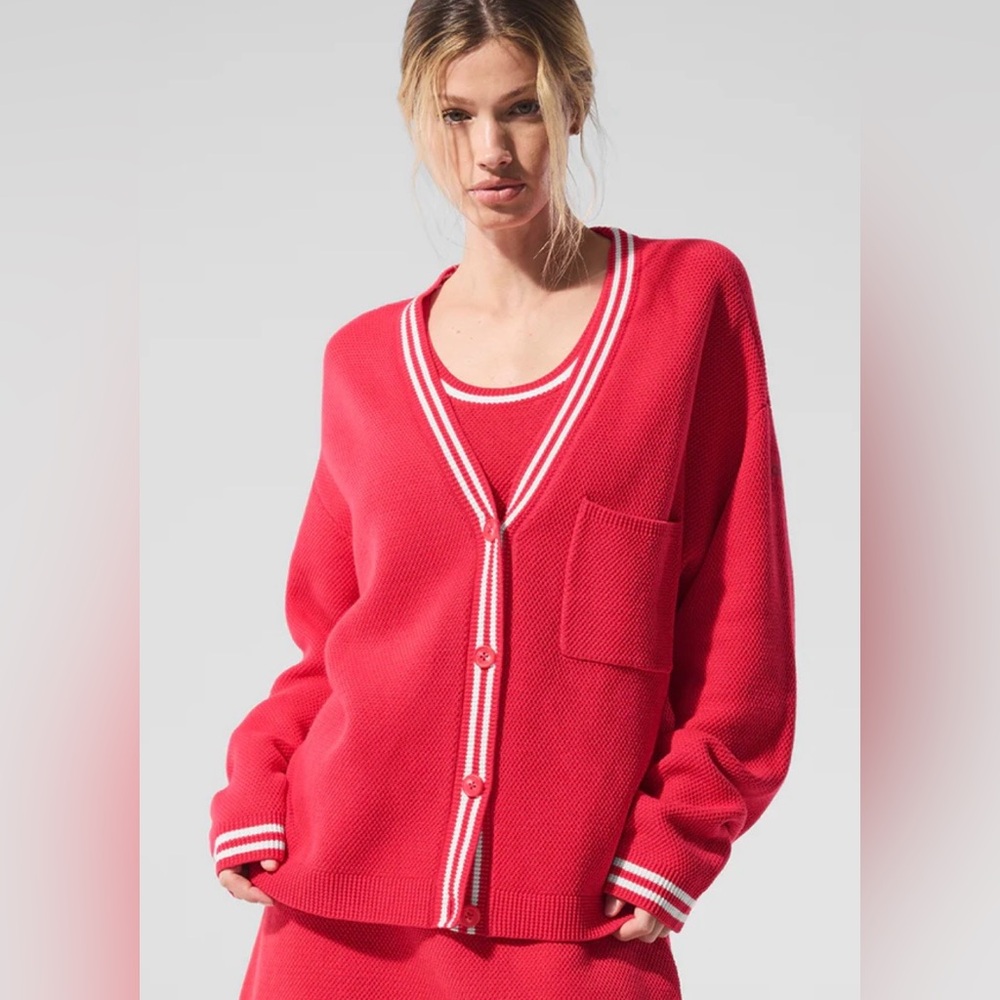 ALO Yoga Red V‑Neck Button Cardigan with White Trim